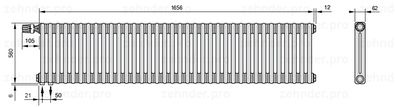 Схема (чертеж) Радиатор Zehnder Charleston 2056/36 №V001 Белый глянцевый RAL 9016